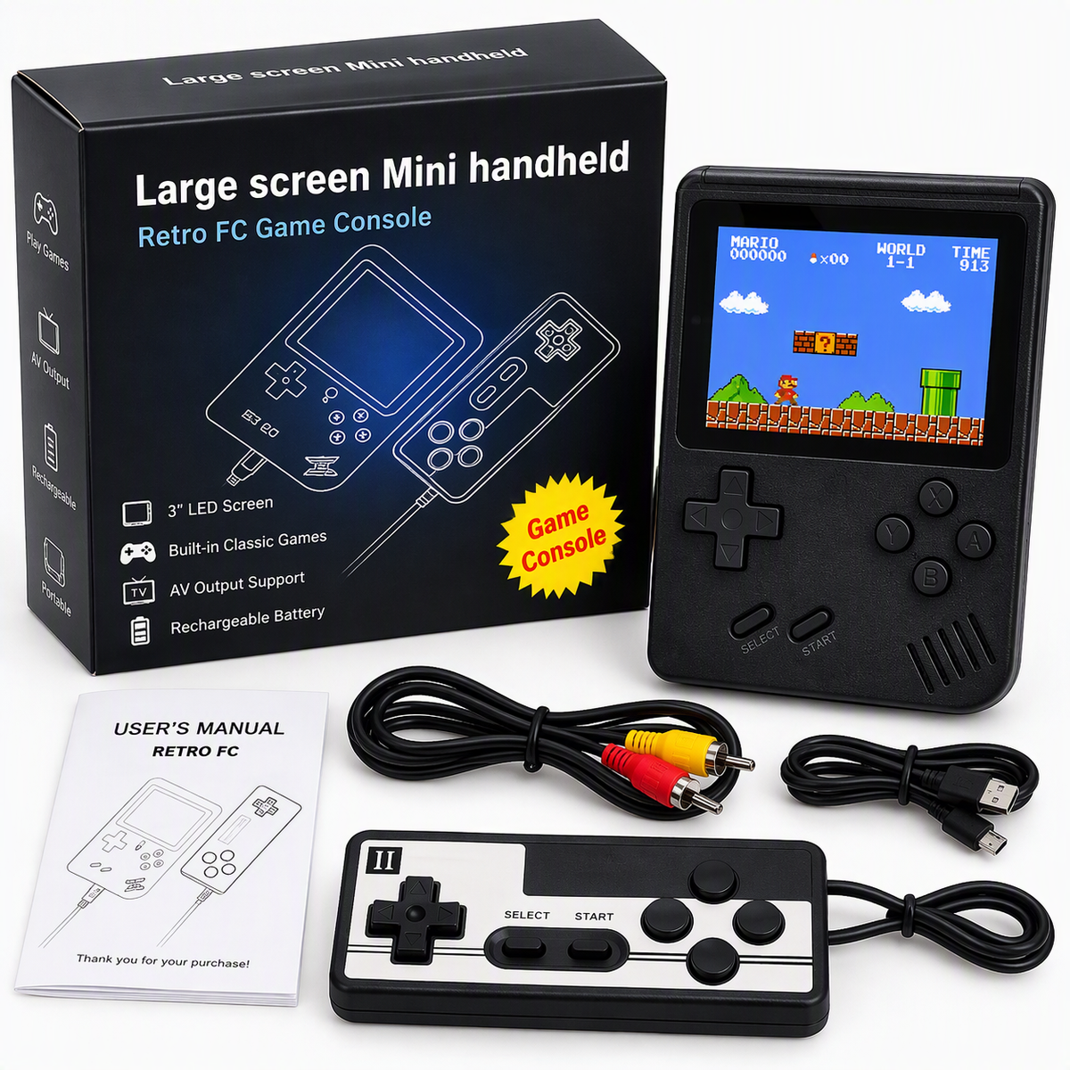 3" Large Screen Mini Handheld Game Console with Controller